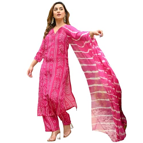 ANNI DESIGNER Womens Rayon Blend Straight Bandhej Printed Kurta with Pant & Dupatta (Baghira Pink_XL_Pink_X-Large)