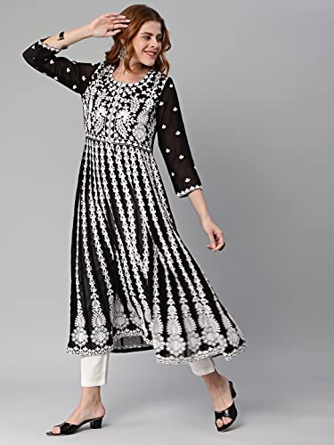 ANNI DESIGNER Womens Georgette Chikankari Embroidered Anarkali Kurti (KARI BLACK-SM_L_Black_Large)