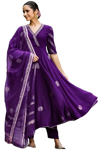 ANNI DESIGNER Womens Rayon Blend Anarkali Printed Kurta with Pant & Dupatta (Berlin BEGANI_L_Begani_Large)