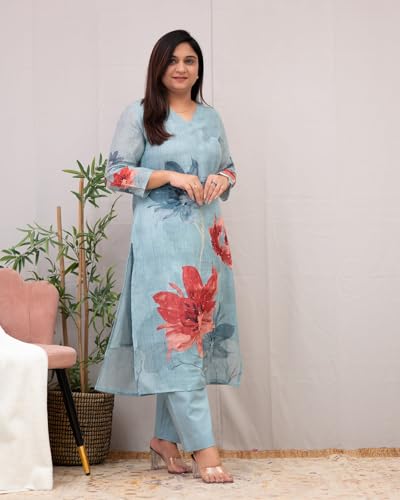 ANNI DESIGNER Womens Rayon Blend Straight Printed Kurta with Pant (Susan Sky_XL_Sky Blue_X-Large)