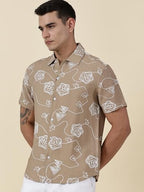 Thomas Scott Oversized Fit| 100% Cotton | Spread Collar | Short Sleeve | Embrodiered | Shirts for Men Beige