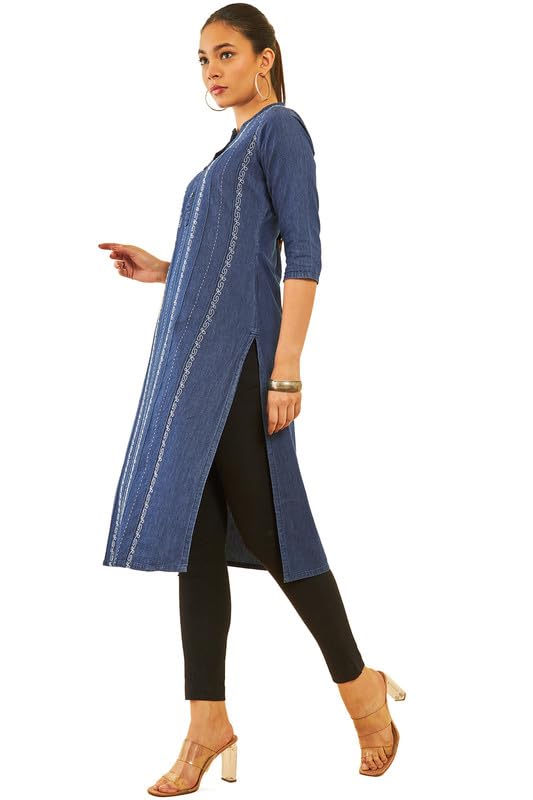 Soch Womens Indigo Cotton Floral Embroidered Mandarin Collar Kurta