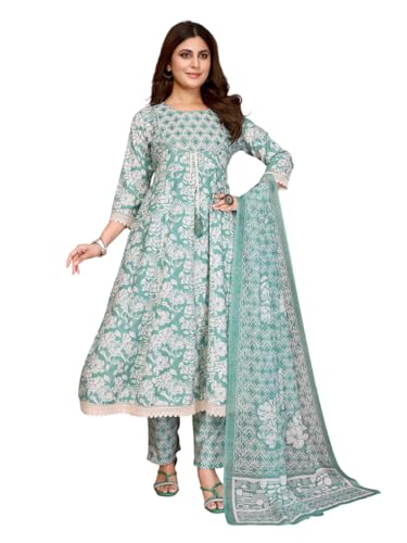 Rangita Green Linen Embroidered Anarkali Calf Length Kurta With Pant And Dupatta | Kurta Set For Women_S