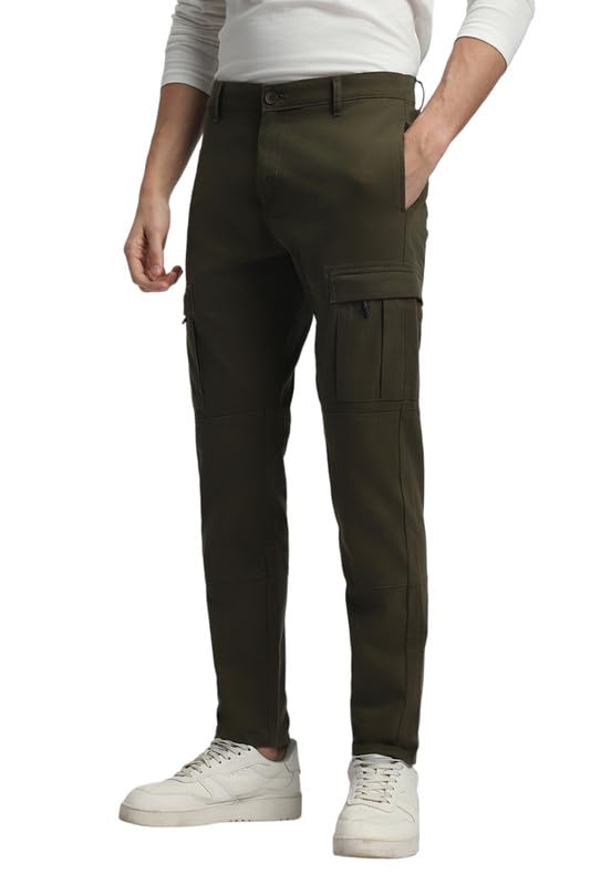Dennis Lingo Mens Cotton Lycra Full Length Solid Slim Fit Cargo Trousers Olive