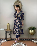 ANNI DESIGNER Womens Cotton Blend Straight Printed Kurta with Pant (DHUN Navy Blue_XL_Navy Blue_X-Large)
