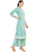 Soch Womens Turquoise Blue Rayon Embroidered Kurta Set With Layered Palazzo