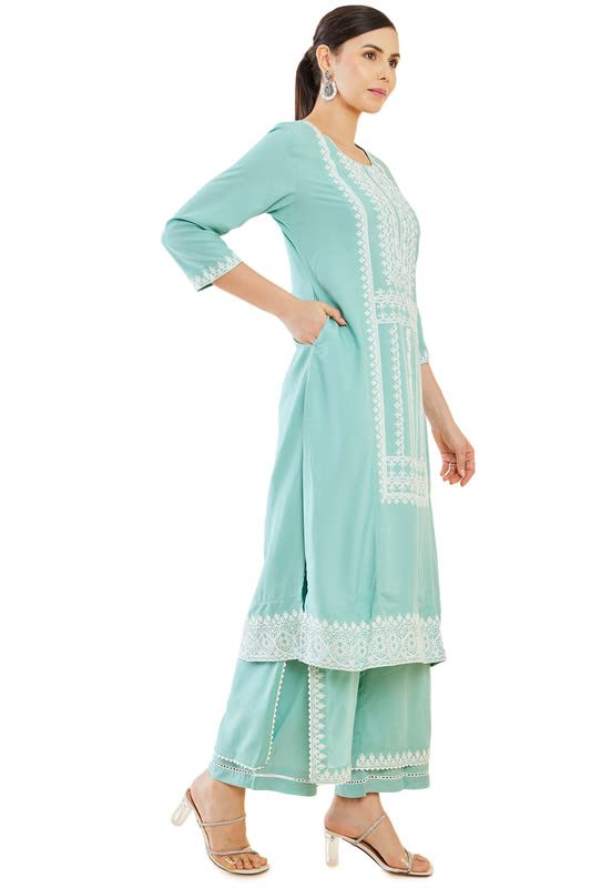Soch Womens Turquoise Blue Rayon Embroidered Kurta Set With Layered Palazzo