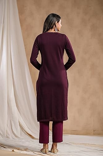 Ishin WomenS Mauve Jacquard Style Geometric Pattern Straight Winterwear Kurta