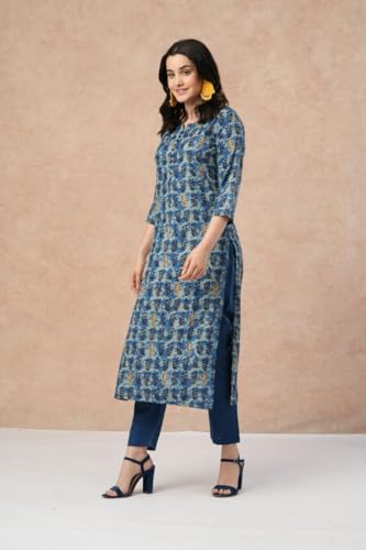 ANNI DESIGNER Womens Cotton Blend Straight Printed Kurta with Pant & Dupatta (Mamaji Blue-NW_3XL_Blue_XXX-Large)