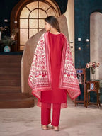Stylum WomenS Red Solid & Embroidered Silk Straight Kurta Pant Dupatta Set