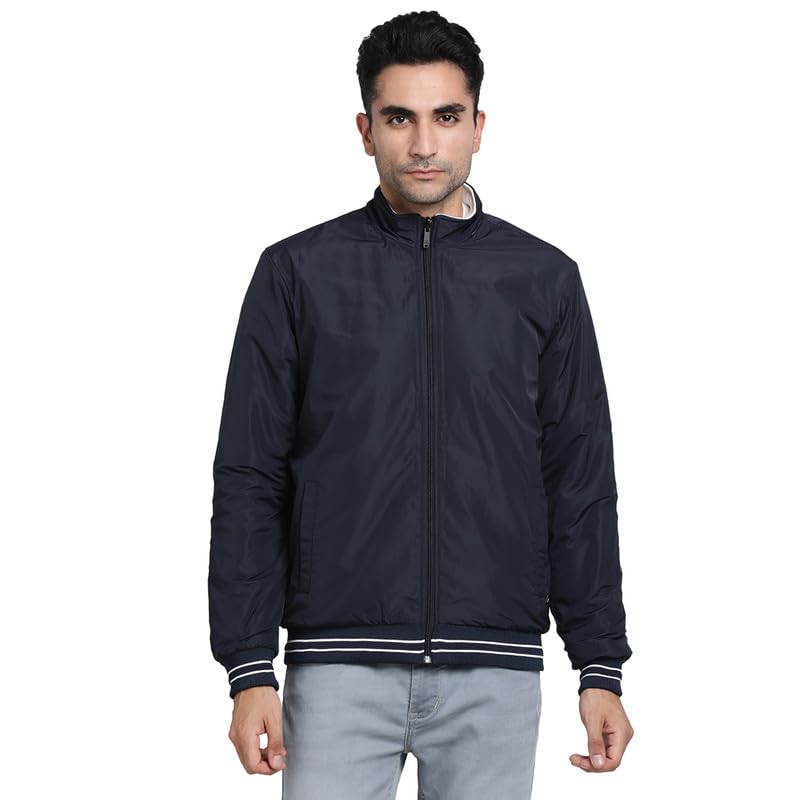 Turtle Men Knitted White-Navy Solid Regular Fit Casual Reversible Windcheater