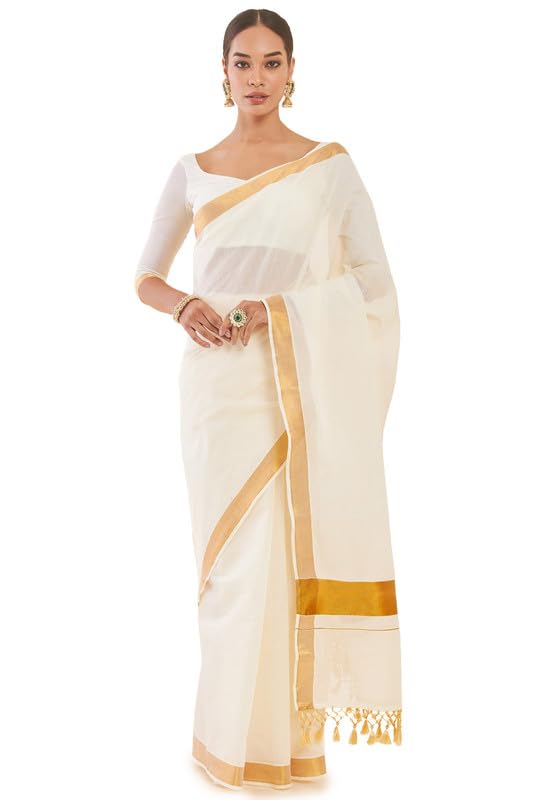 Soch Women Cotton Kasavu Saree with Zari Borders