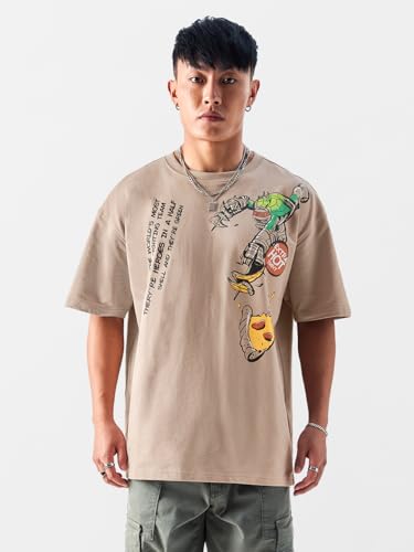 The Souled Store Official Tmnt: Booyashaka Mens And Boys Oversized Fit Graphic Printed Half Sleeve Cotton Light Brown Color Oversized Tshirt