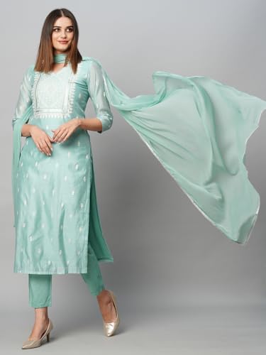 ANNI DESIGNER Womens Cotton Blend Straight Printed Kurta with Pant & Dupatta (Sawre Pista_M_Pista_Medium)