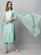 ANNI DESIGNER Womens Cotton Blend Straight Printed Kurta with Pant & Dupatta (Sawre Pista_M_Pista_Medium)