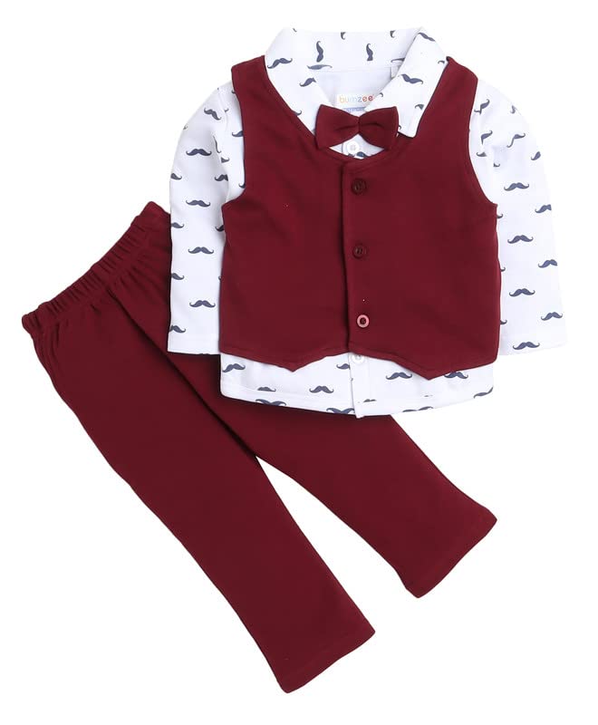 BUMZEE Maroon & White Boys Full Sleeves Shirt Waistcoat & Pant Set with Applique Bow Age - 2-3 Years (Peb4117F-mrn.wht)