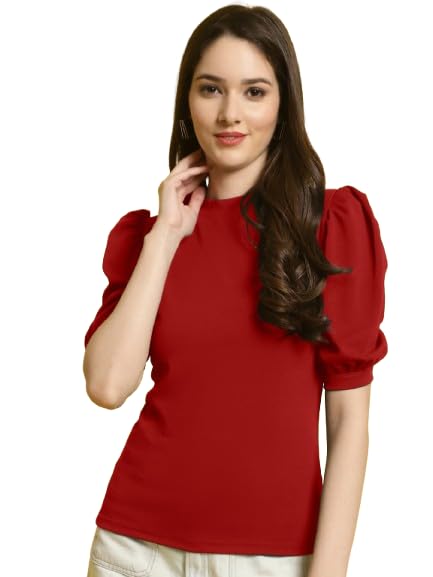 Pinkmint Polyester Round Neck Puff Sleeve Elegant Casual Top for Womens & Girls ll Casual T-Shirt ll Fancy Summer Wear Tops (Pac