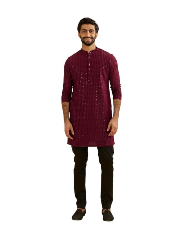 Manyavar Mens Viscose Embroidery|Sequins Work Kurta Set (Maroon,XXL)