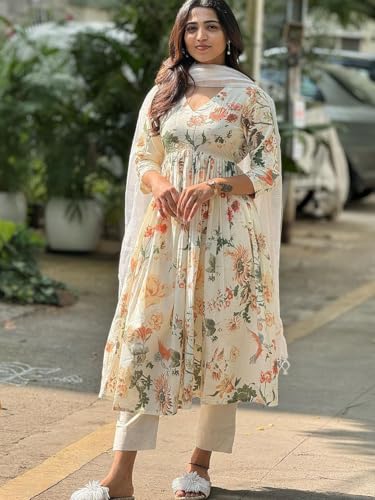 ANNI DESIGNER Womens Rayon Blend Printed Anarkali Kurta with Pant & Dupatta (Sudan Cream_4XL_Cream_XXXX-Large)