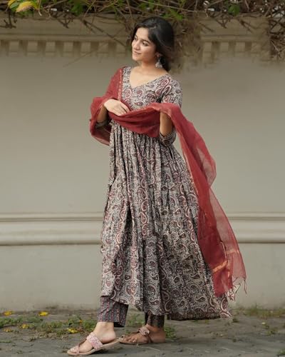 ANNI DESIGNER Womens Rayon Blend Anarkali Printed Kurta with Pant & Dupatta (Madipakam Maroon_XL_Maroon_X-Large)