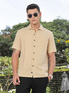 Thomas Scott Mens | Stripes | Seer Sucker Fabric | Spread Collar | Half Sleeve | Casual | Shirts for Men Beige