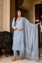 ANNI DESIGNER Womens Rayon Blend Straight Printed Kurta with Pant & Dupatta (SONEVA Blue_XXL_Blue_XX-Large)