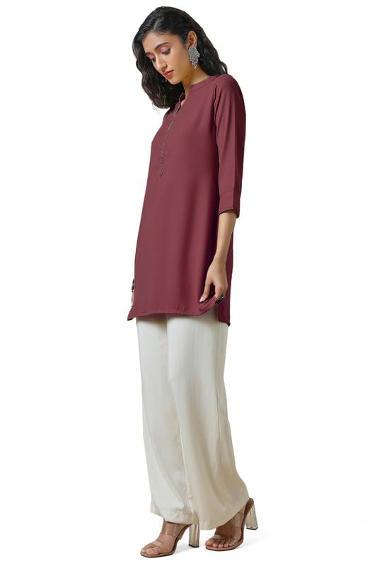 Soch Womens Maroon Mandarin Collar Stone Yoke Design Tunic