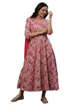 Pink Floral Printed Anarkali Dress With Choker Dupatta (Size: M)-23Auas14581-507288
