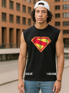 Bewakoof Official DC Merchandise Superman Mens Graphic Printed Oversized Fit Sleeveless Round Neck Pure Cotton Vest_677732_Blac