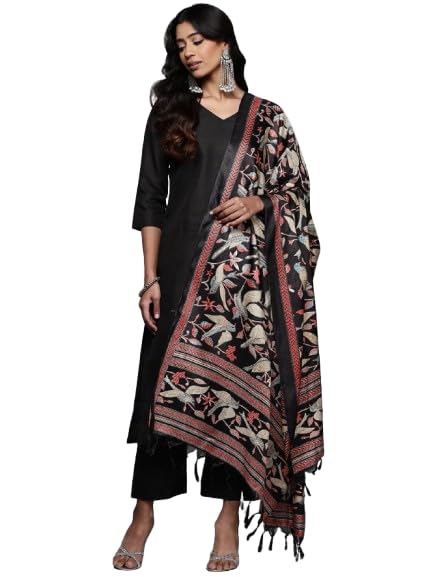 Varanga Women Solid Black V Neck Straight Kurta Set With Printed Dupatta