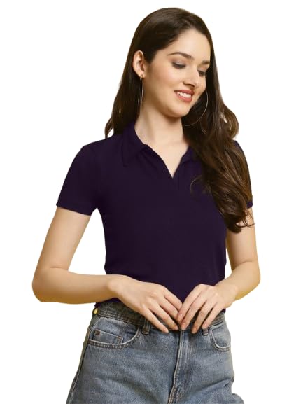 Pinkmint Womens Solid Cotton Collar Neck Top ll Lycra Crop Tank T-Shirt ll Korean Trendy Half Sleeve ll Stylish Collared T-Shir