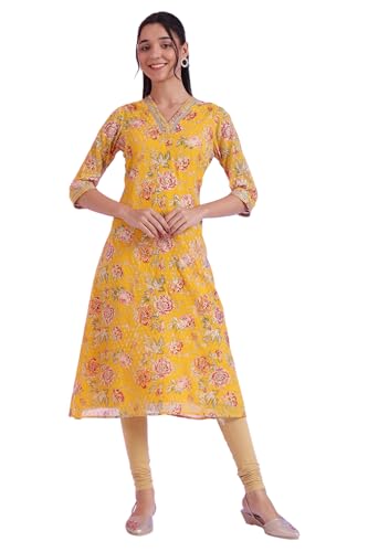 Aurelia Women'S Yellow Printed A-Line Kurta (Size: S)-A15656-509029