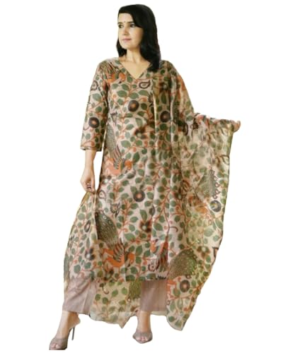 ANNI DESIGNER Womens Cotton Blend Straight Printed Kurta with Pant & Dupatta (Uskana Beige_M_Cream_Medium)
