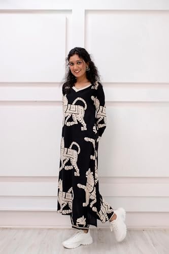 ANNI DESIGNER Womens Cotton Blend Printed Straight Kurta with Pant (Lanka Black_2306 Large)