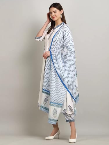 Tee Projekt WomenS Cotton Blend Collared Neck Block Printed Kurta Pant With Dupatta Set White