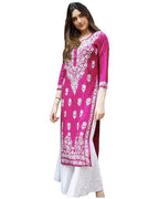 ANNI DESIGNER Womens Rayon Blend Straight Chikankari Embroidered Kurta (Victoria Pink_M_Beige_Medium)