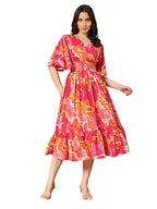 KZULLY Womens Rayon Smocked Midi Dress (6001-Orange-Pink-L_Orange-Pink_L)
