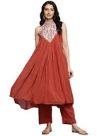 Varanga Women Halter Neck Zari And Sequence Embroidered Sleeveless Flared Kurta Paired With Tonal Bottom