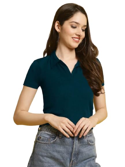 Pinkmint Womens Solid Cotton Collar Neck Top ll Lycra Crop Tank T-Shirt ll Korean Trendy Half Sleeve ll Stylish Collared T-Shir