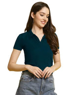 Pinkmint Womens Solid Cotton Collar Neck Top ll Lycra Crop Tank T-Shirt ll Korean Trendy Half Sleeve ll Stylish Collared T-Shir