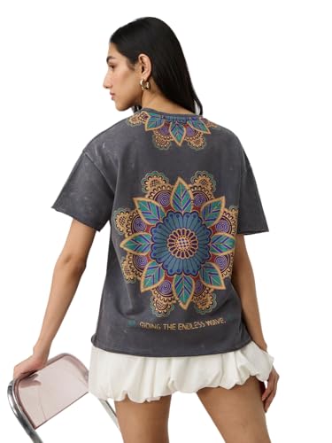 The Souled Store Samsara Women and Girls Short Sleeves Round Neck Grey Graphic Printed Cotton Oversized T-Shirts