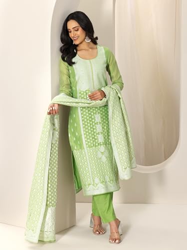 Libas Womens Woven Design Silk Blend Straight Kurta With Palazzos And Dupatta