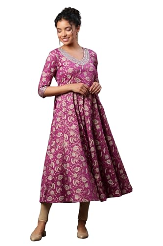 Aurelia WomenS Floral Printed Zari Embriodery A-Line Pure Cotton Kurta| Lightweight V-Neck Kurta For Women Cotton | Floral Print