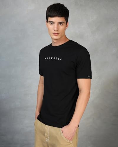 Bewakoof MenS Typography 100% Cotton T-Shirt - Regular Fit, Round Neck, Half Sleeves Black