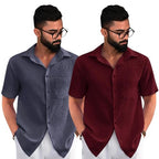 Pinkmint Combo Of MenS Regular Fit Popcorn Shirt Half Sleeve Spraed Collar Shirt (Pack Of 2)