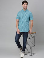 Thomas Scott Mens | Short Sleeve | Checks Printed | Regular Fit | 100% Cotton | Button Down Collar | Casual | Shirt (Jade Green_