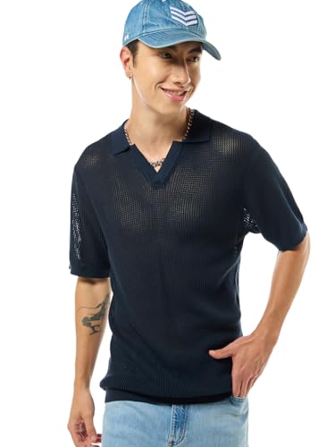 Bewakoof Mens Solid Regular Fit Half Sleeve Polo Cotton Flatknit Polo T-Shirt_634392_Blue_S