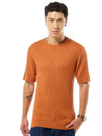 Bewakoof Mens Textured Regular Fit Half Sleeve Round Neck Cotton Flatknit T-Shirt_634373_Orange_M