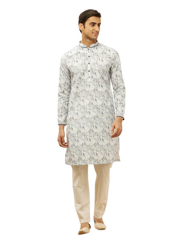 Manyavar MenS White Cotton Blend Printed Kurta Pyjama Set (Xl)
