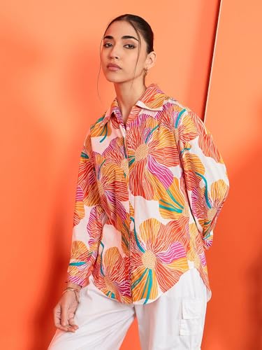 Sugathari Womens Orange Print Sunset Floral Oversized Cotton Shirt  Casual Vacation Wear with Balloon Sleeves & Button-Down Fro